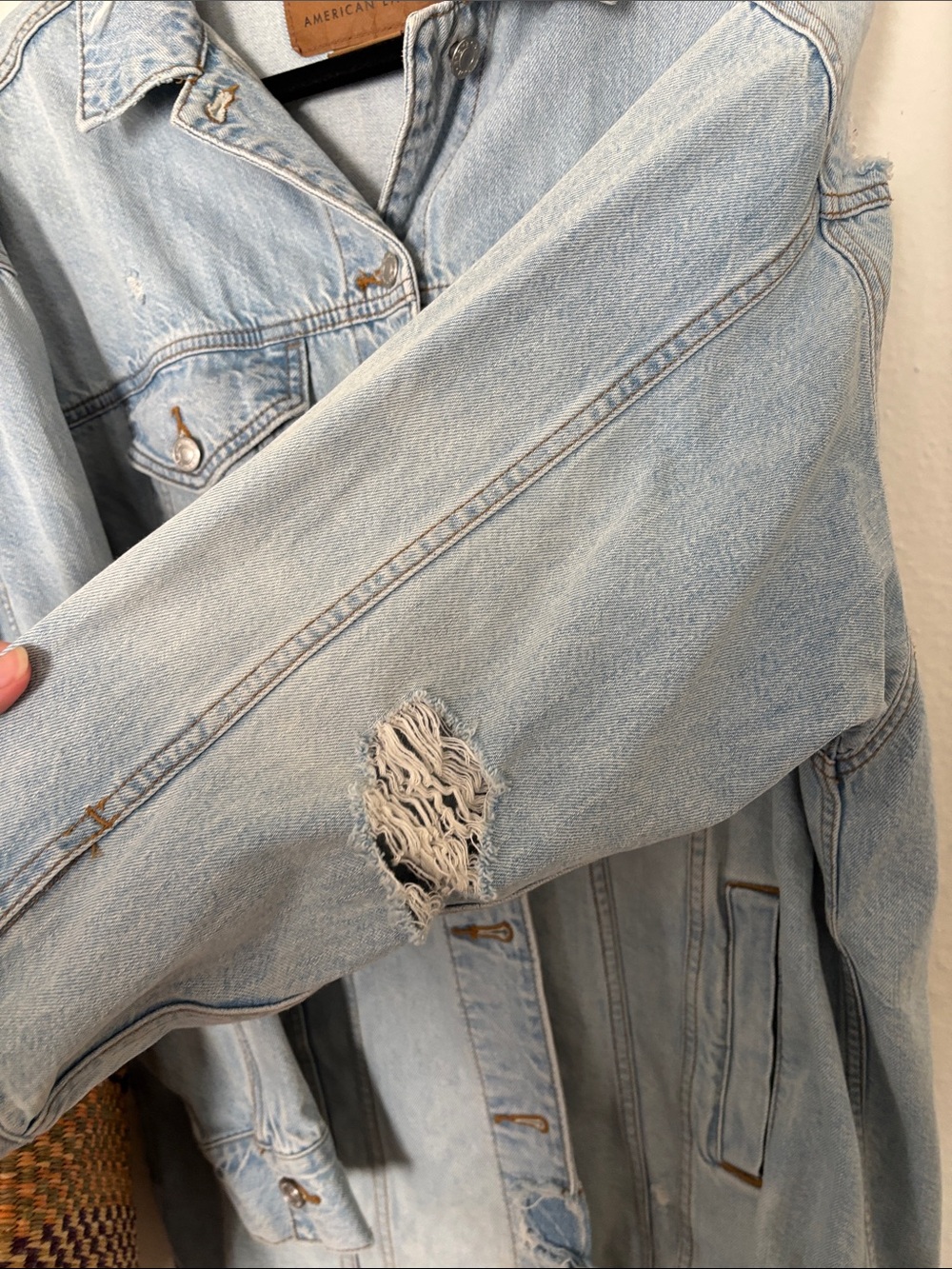 American Eagle Outfitters Distressed Light Wash Denim Jacket - Picture 6 of 7